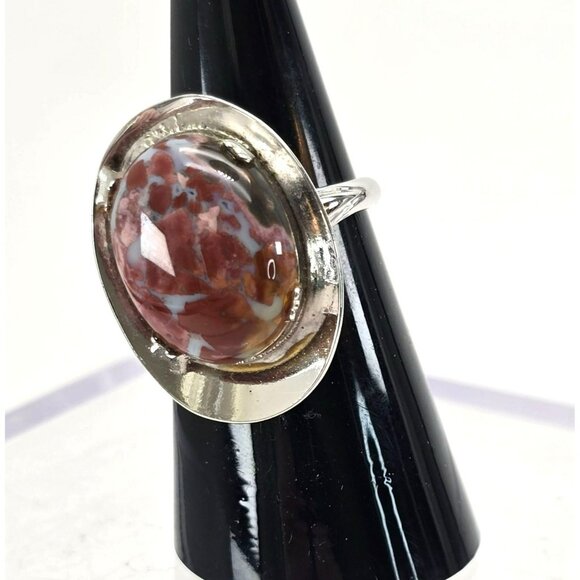 Sterling Silver Jasper Ring Cabachon Stone Hat Style Size 6.75 JJJ3779 - Picture 2 of 10